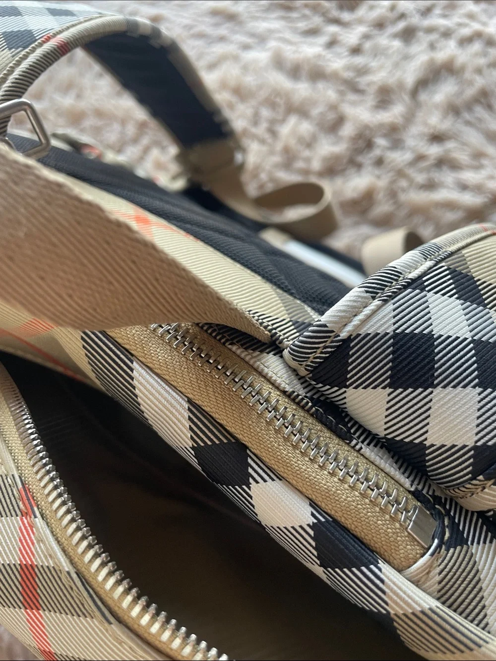 Burberry Beige Check Backpack with Navy and Coral Accents